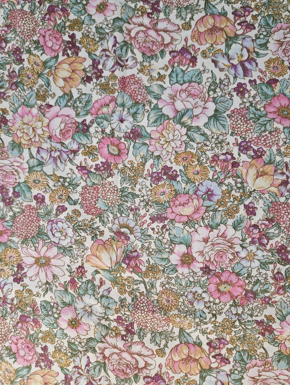 Floral Cotton Fabric Panel in Pink, Green & Gold Tones. Sold By The Yard